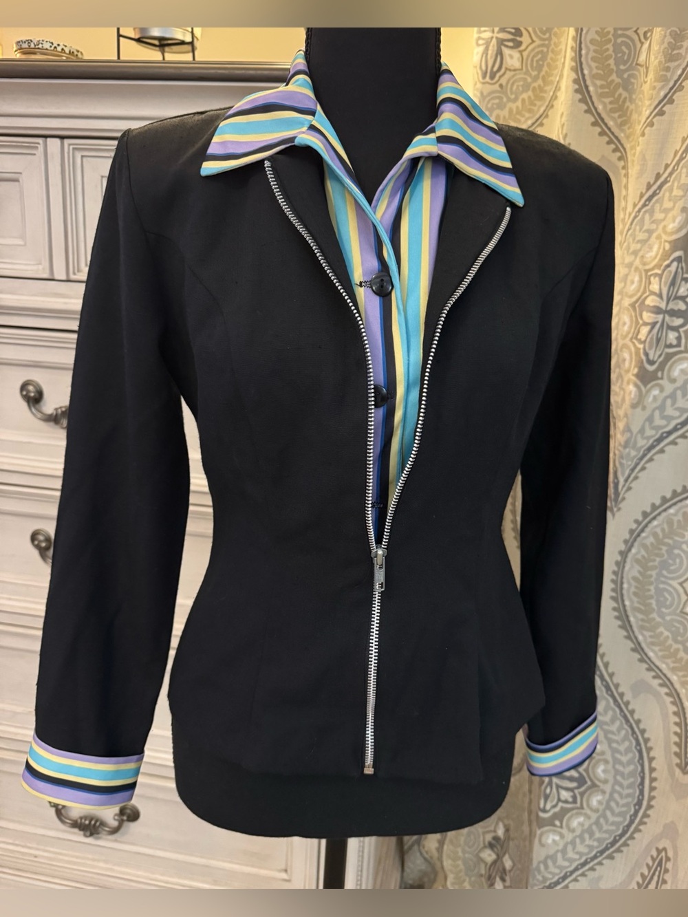 Vintage Victoria Ashley Black Jacket Blouse Striped Zip Front Size 3/4